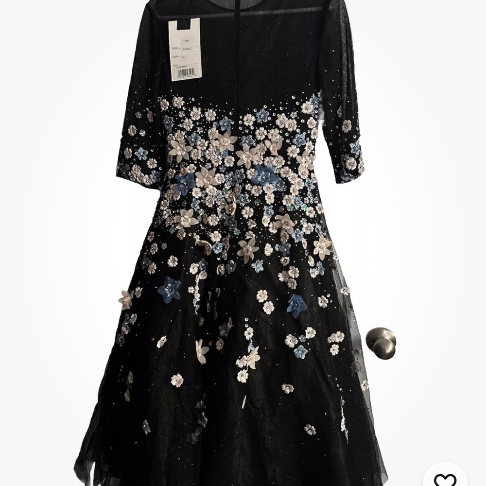 Mac Duggal Floral Appliqué Midi Cocktail Dress Size 6 Mesh romantic Edgy Lined - Picture 4 of 14